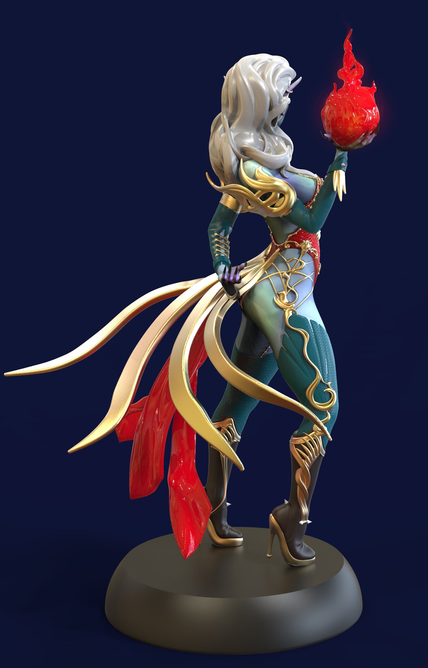 Dark elf sorceress miniature for D&D and tabletop RPGs, wearing a fantasy swimsuit and thigh-high boots, holding a magical energy ball in her hand.