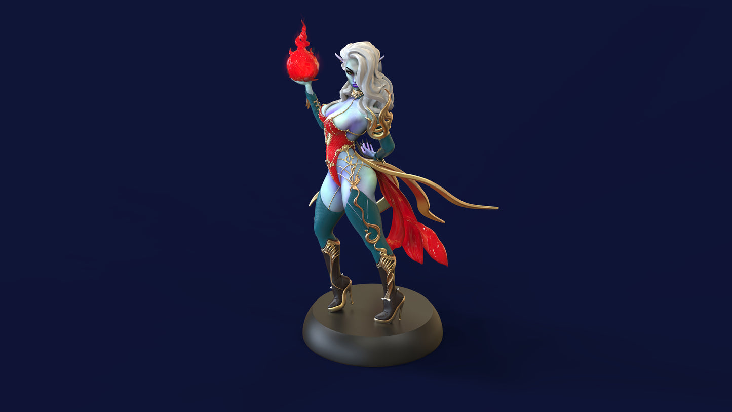 Dark elf sorceress miniature for D&D and tabletop RPGs, wearing a fantasy swimsuit and thigh-high boots, holding a magical energy ball in her hand.