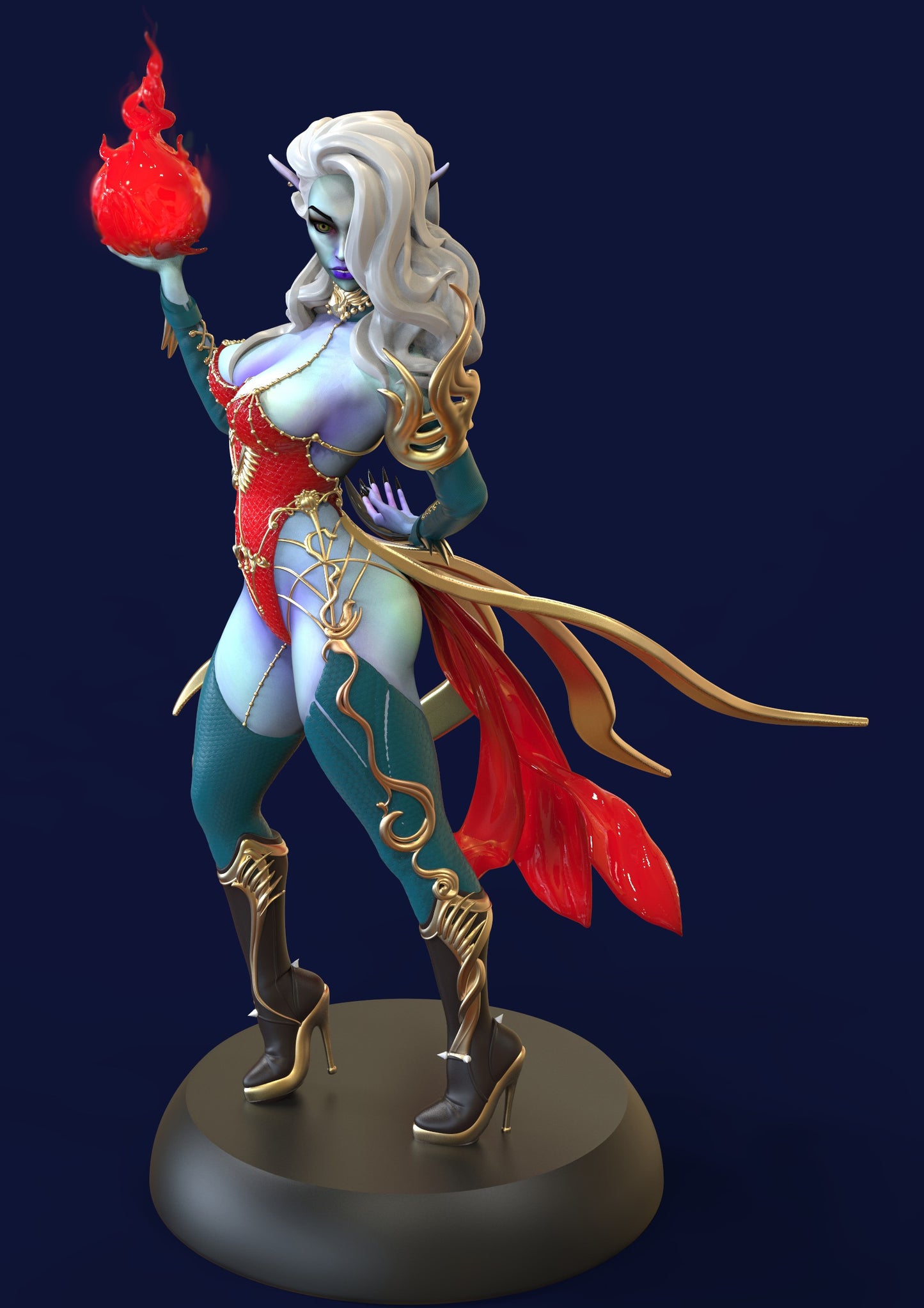 Dark elf sorceress miniature for D&D and tabletop RPGs, wearing a fantasy swimsuit and thigh-high boots, holding a magical energy ball in her hand.