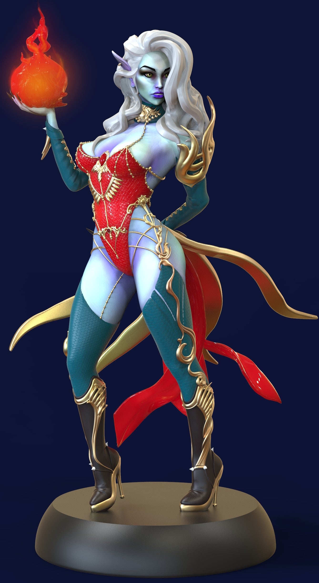 Dark elf sorceress miniature for D&D and tabletop RPGs, wearing a fantasy swimsuit and thigh-high boots, holding a magical energy ball in her hand.