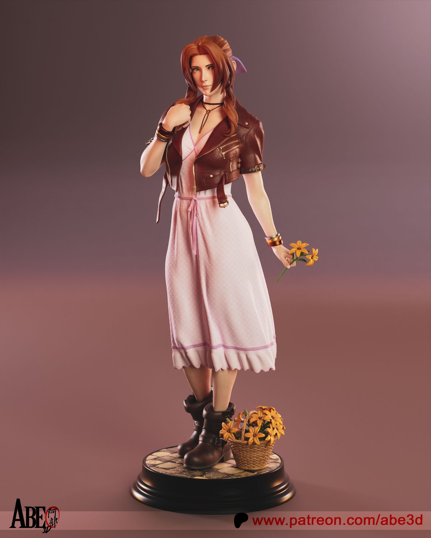 Aerith Gainsborough from Final Fantasy VII, wearing her pink dress and red jacket, holding flowers with a gentle smile.