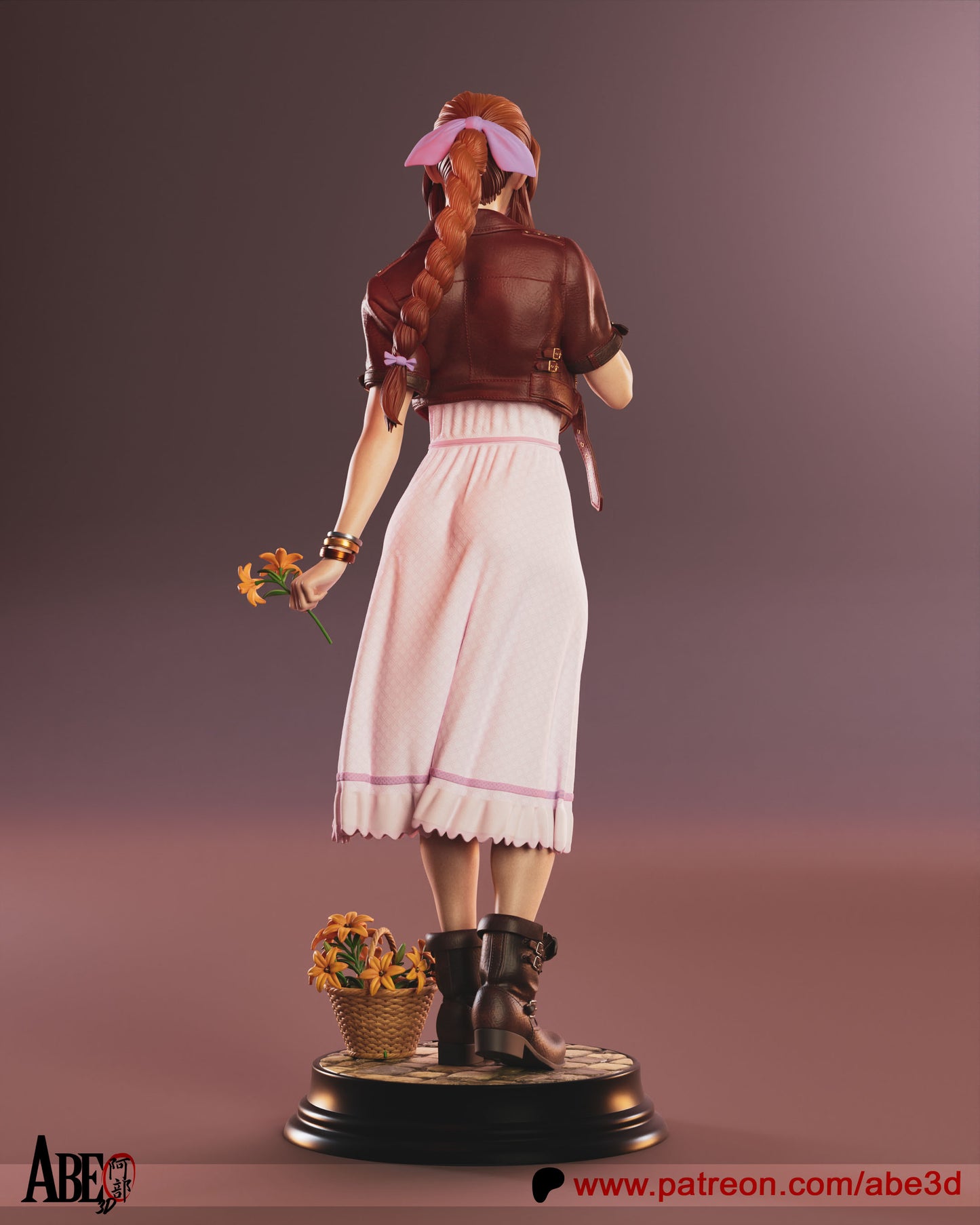 Aerith Gainsborough from Final Fantasy VII, wearing her pink dress and red jacket, holding flowers with a gentle smile.