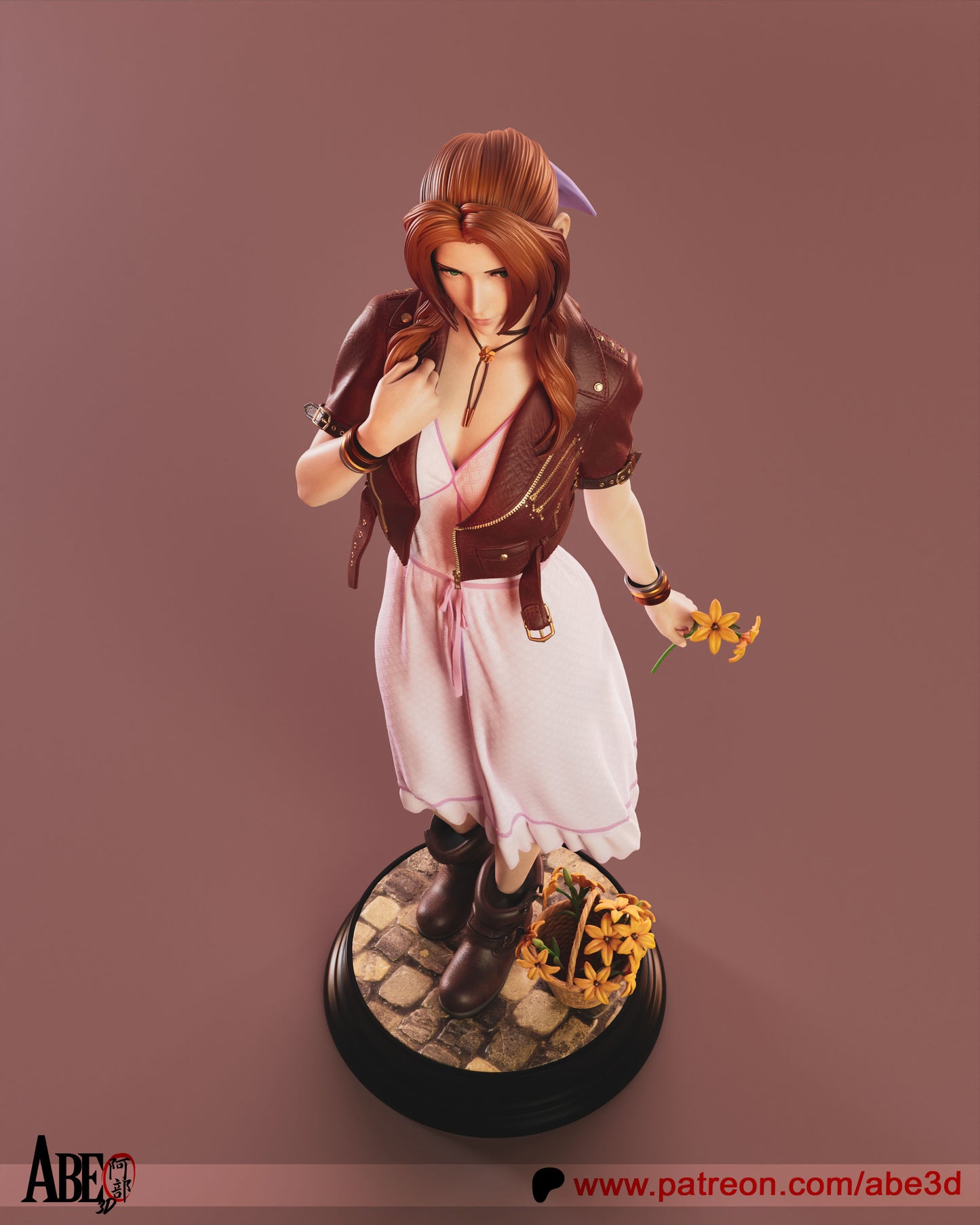 Aerith Gainsborough from Final Fantasy VII, wearing her pink dress and red jacket, holding flowers with a gentle smile.