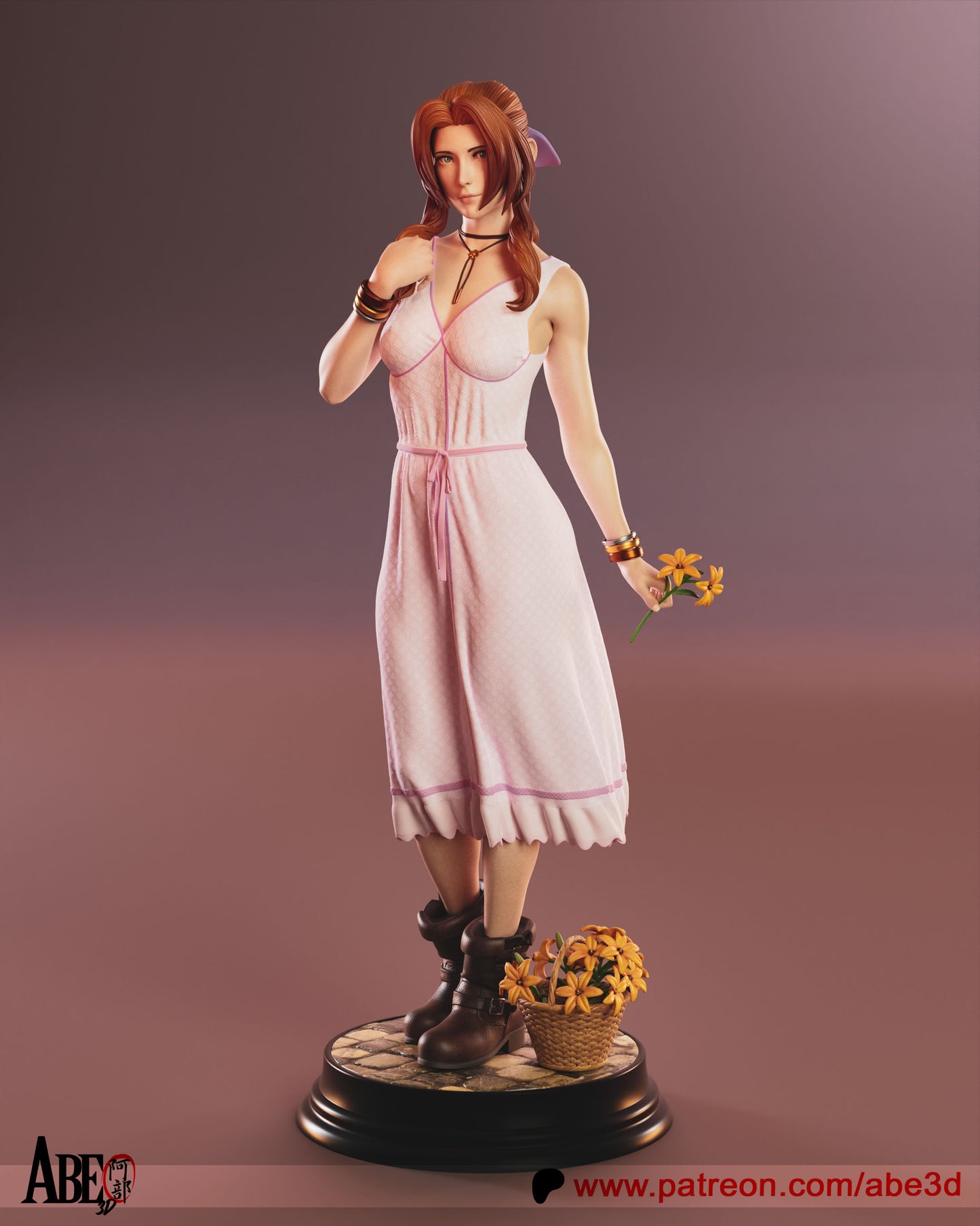 Aerith Gainsborough from Final Fantasy VII, wearing her pink dress but without her red jacket, holding flowers with a gentle smile.