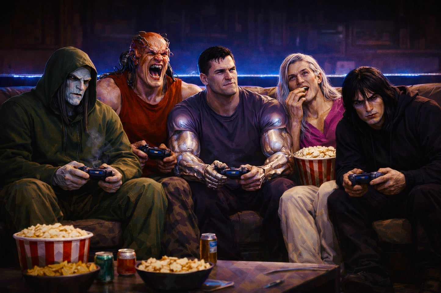 primarchs Konrad Kurze, Angron, Ferrus Manus, Fulgrim and Corvus Corax playing video games.