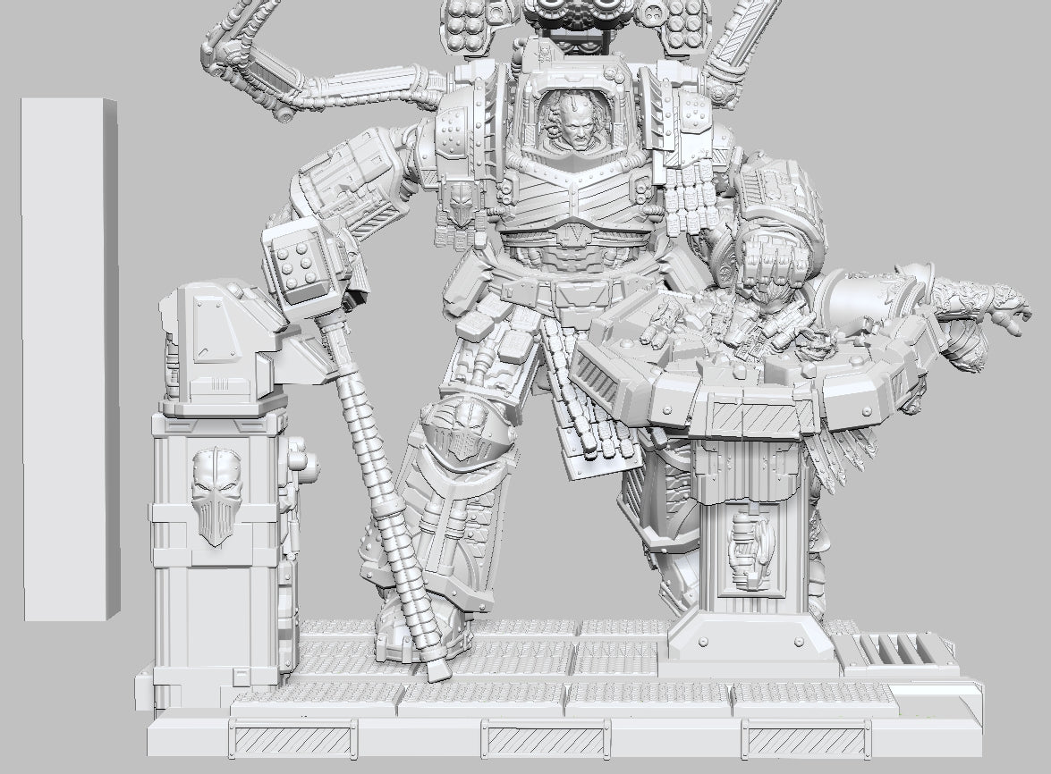 Primarch Perturabo of the Iron Warriors in full battle armour smashing Fulgrim's face