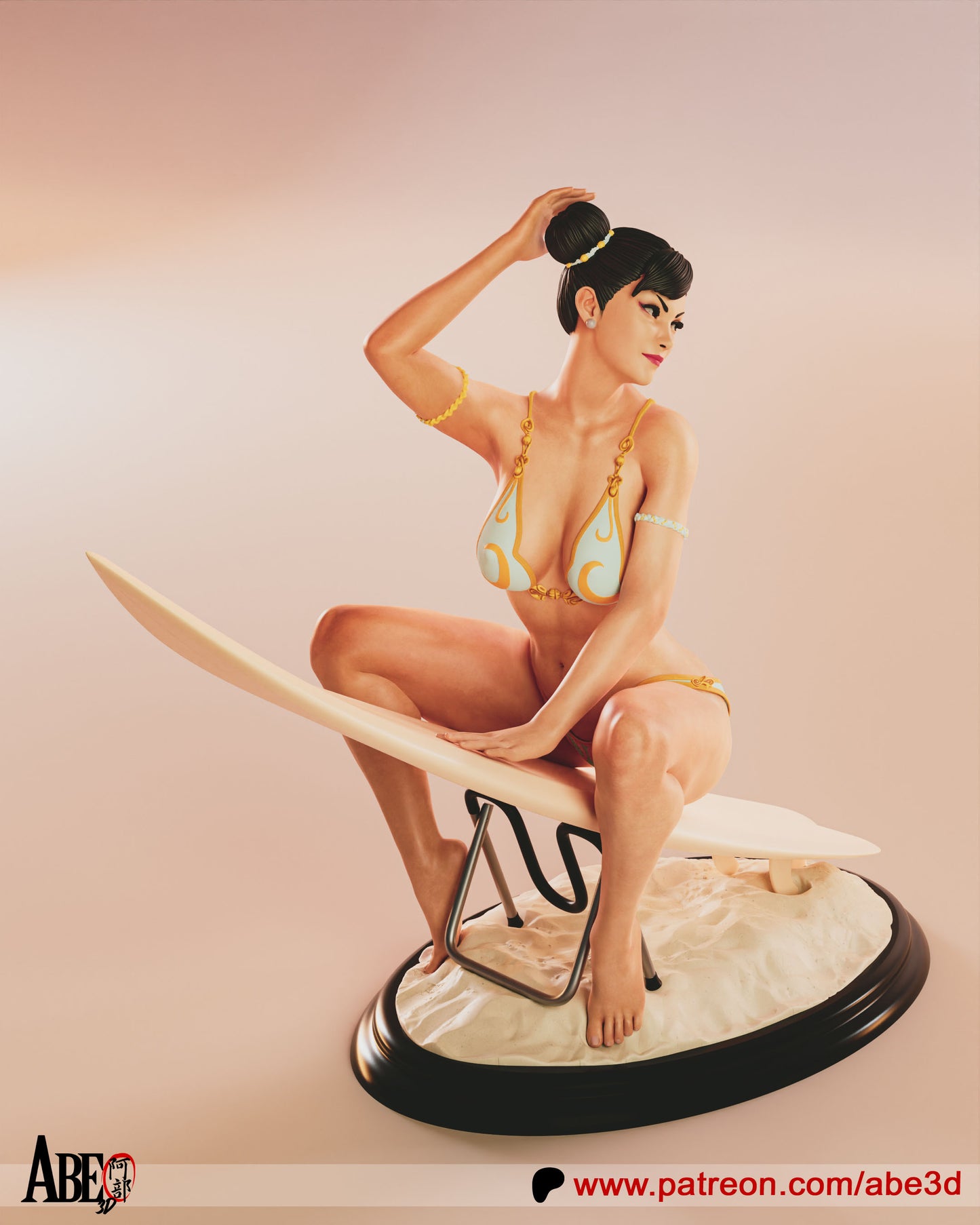 Chun-Li from Street Fighter wearing a bikini, relaxing on the beach with her surfboard, enjoying the sun and ocean breeze.