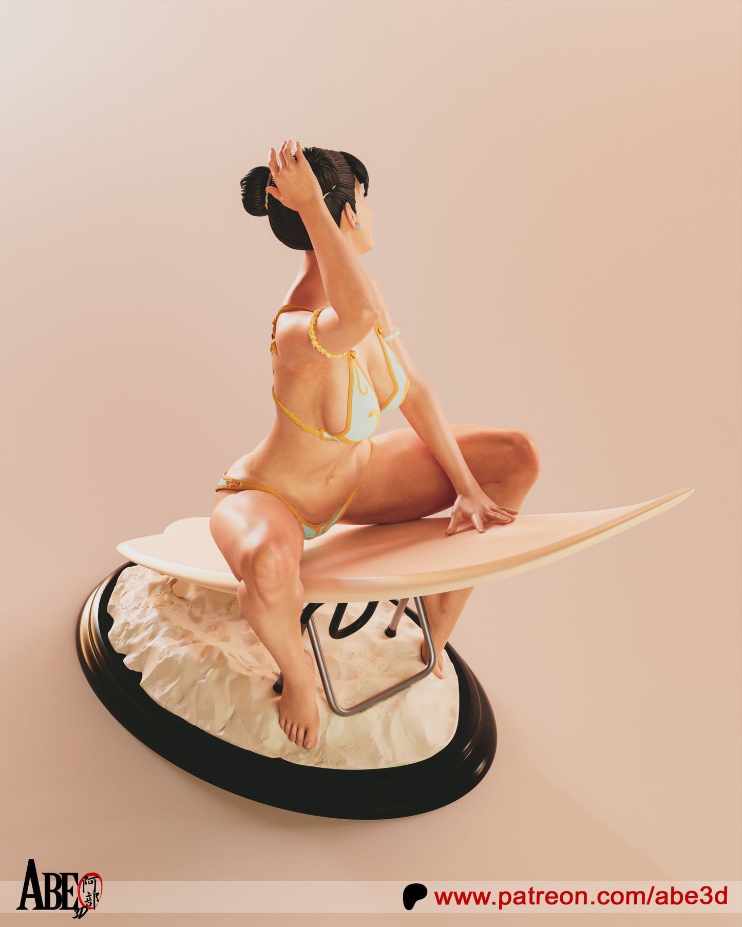 Chun-Li from Street Fighter wearing a bikini, relaxing on the beach with her surfboard, enjoying the sun and ocean breeze.