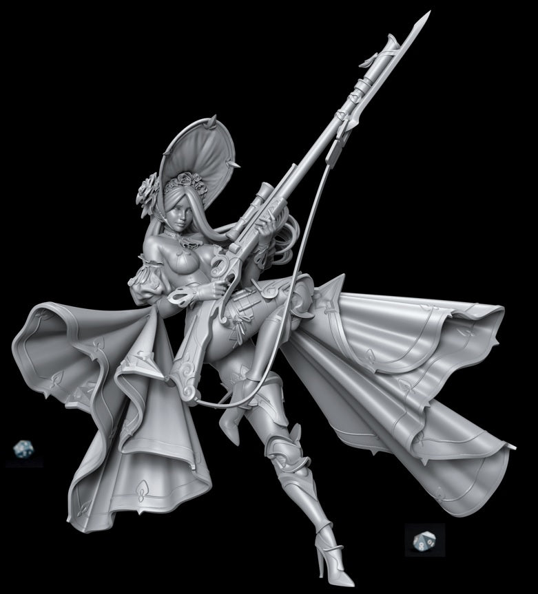 Fantasy gunslinger girl with elaborate rose-gold rifle, wearing a red and white cloak, ornate armor, and thigh-high boots, posed with flowing pink hair.