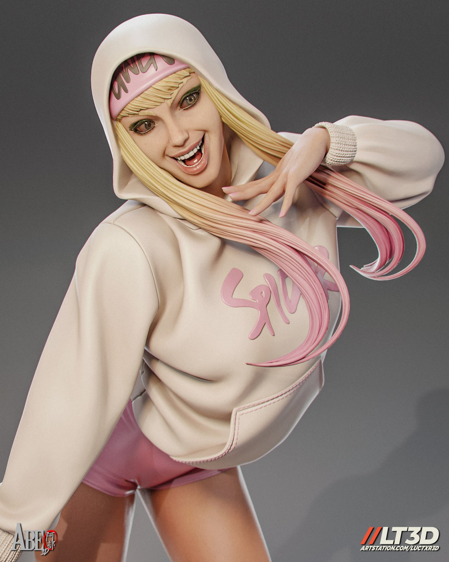 Gwen Stacy as Spider-Gwen wearing a casual sweatshirt and shorts, relaxed with her hood up and sneakers on