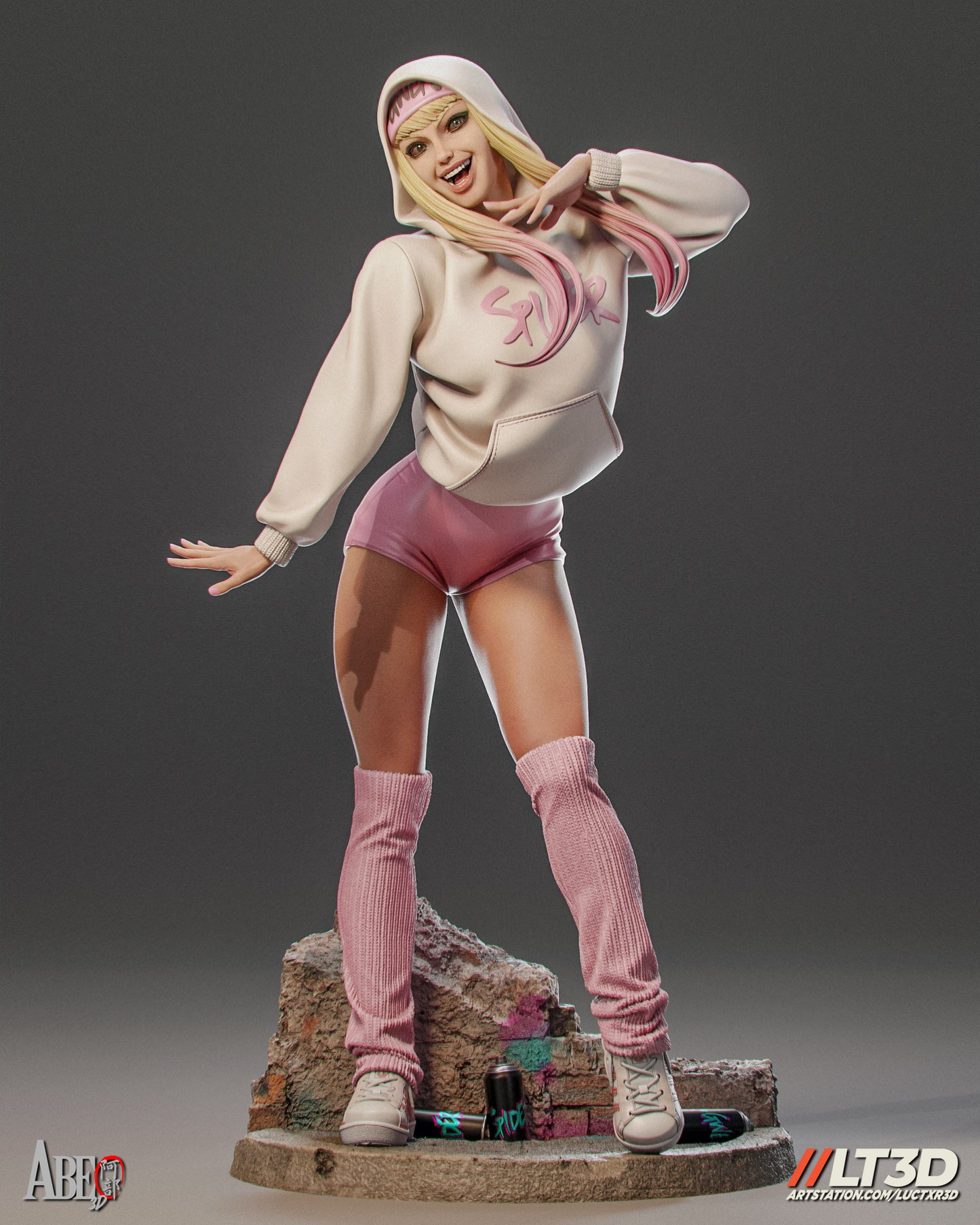 Gwen Stacy as Spider-Gwen wearing a casual sweatshirt and shorts, relaxed with her hood up and sneakers on