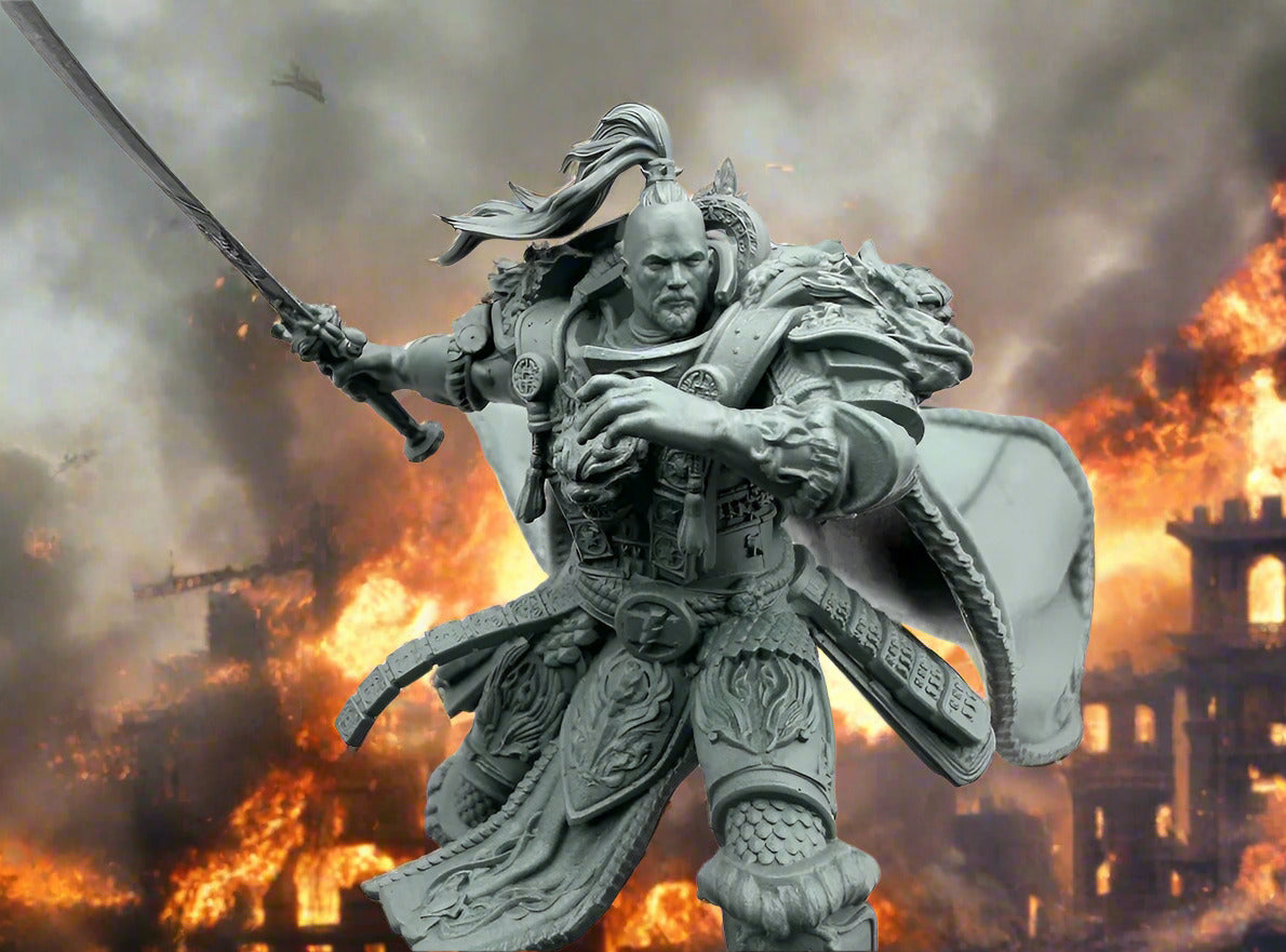 Detailed depiction of Jaghatai Khan, Primarch of the White Scars from Warhammer 40K, wearing ornate power armor with Mongolian-inspired motifs, wielding a curved blade, posed for dynamic attack