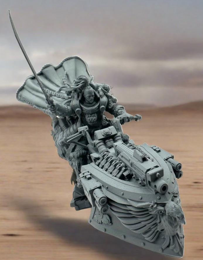 Detailed depiction of Jaghatai Khan, Primarch of the White Scars from Warhammer 40K, wearing ornate power armor with Mongolian-inspired motifs, wielding a curved blade, posed for dynamic attack