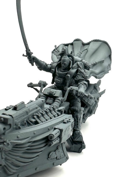 Detailed depiction of Jaghatai Khan, Primarch of the White Scars from Warhammer 40K, wearing ornate power armor with Mongolian-inspired motifs, wielding a curved blade, posed for dynamic attack