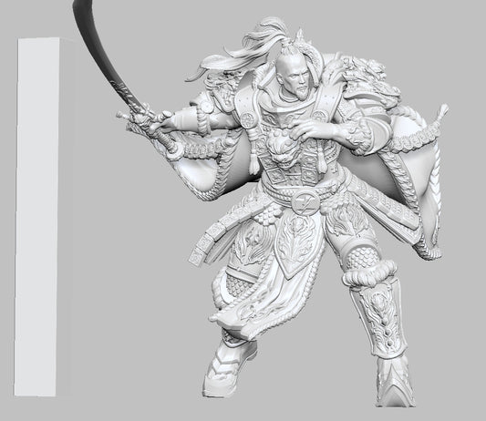 Detailed depiction of Jaghatai Khan, Primarch of the White Scars from Warhammer 40K, wearing ornate power armor with Mongolian-inspired motifs, wielding a curved blade, posed for dynamic attack