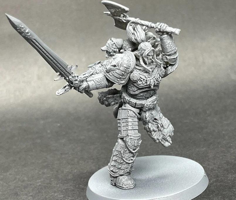 Detailed model of Leman Russ, Space Wolves Primarch, wearing ornate runic power armor with wolf pelt details and massive frost sword
