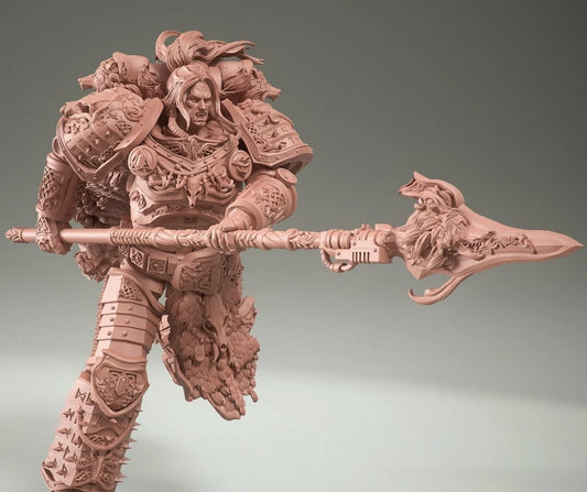 Detailed model of Leman Russ, Space Wolves Primarch, wearing ornate runic power armor with wolf pelt details and massive frost spear