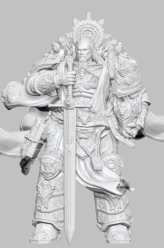 Lion El Johnson rimarch of the Dark Angels wearing ornate armour and carrying the Lion Sword and his helmet