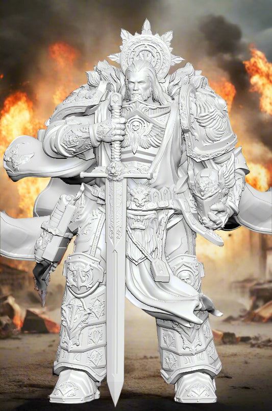 Lion El Johnson rimarch of the Dark Angels wearing ornate armour and carrying the Lion Sword and his helmet