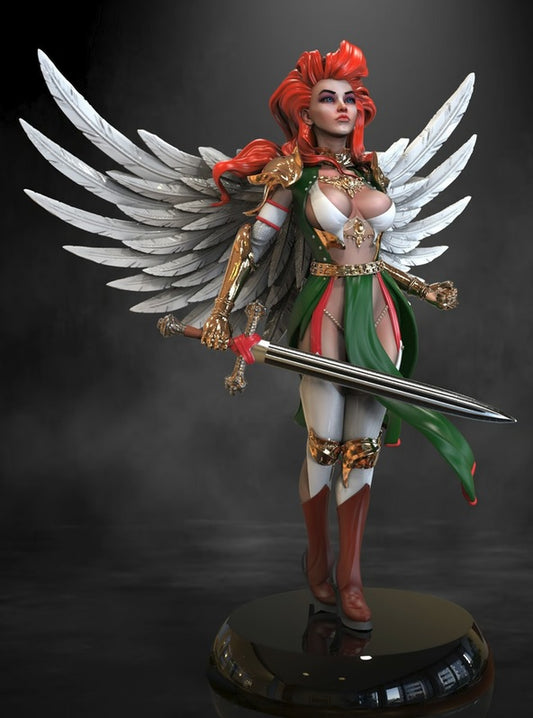 Aasimar Paladin miniature with large angelic white wings, ornate gold armor, flowing green and white tabard, red hair, and a longsword, posed on a display base.