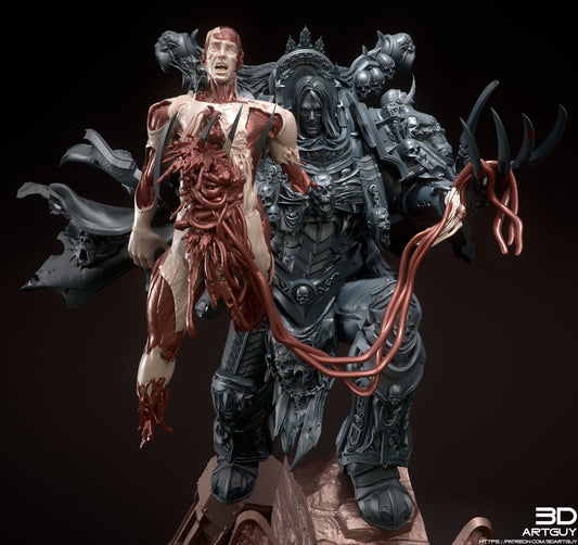a 3d printed resin model of Konrad Curze, the night haunter, primarch of the night lords legion in a terrifying pose