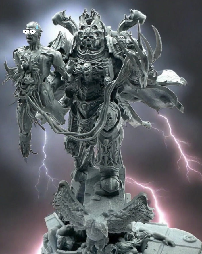a 3d printed resin model of Konrad Curze, the night haunter, primarch of the night lords legion in a terrifying pose