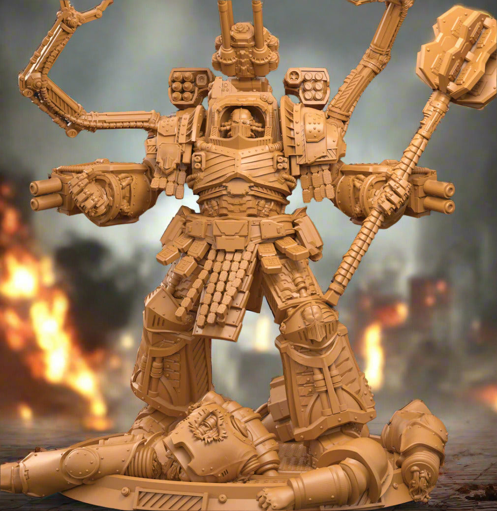 Primarch Perturabo of the Iron Warriors in full battle armour holding his energy hammer