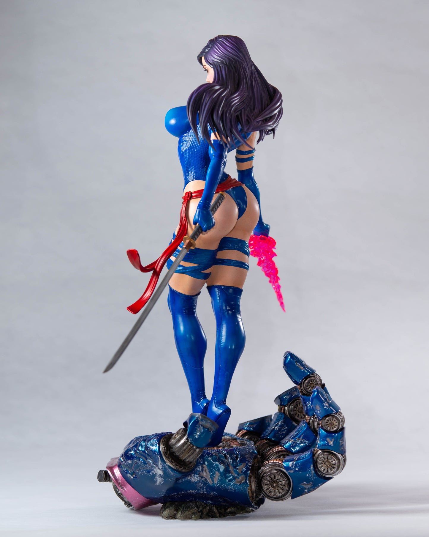 X-Men Psylocke in her classic outfit with a katana and psychic knife