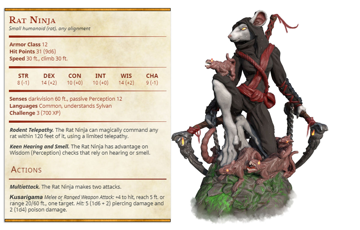 Rat Ninja | Ninjas & Mimics | Fantasy Miniature | Printed Obsession