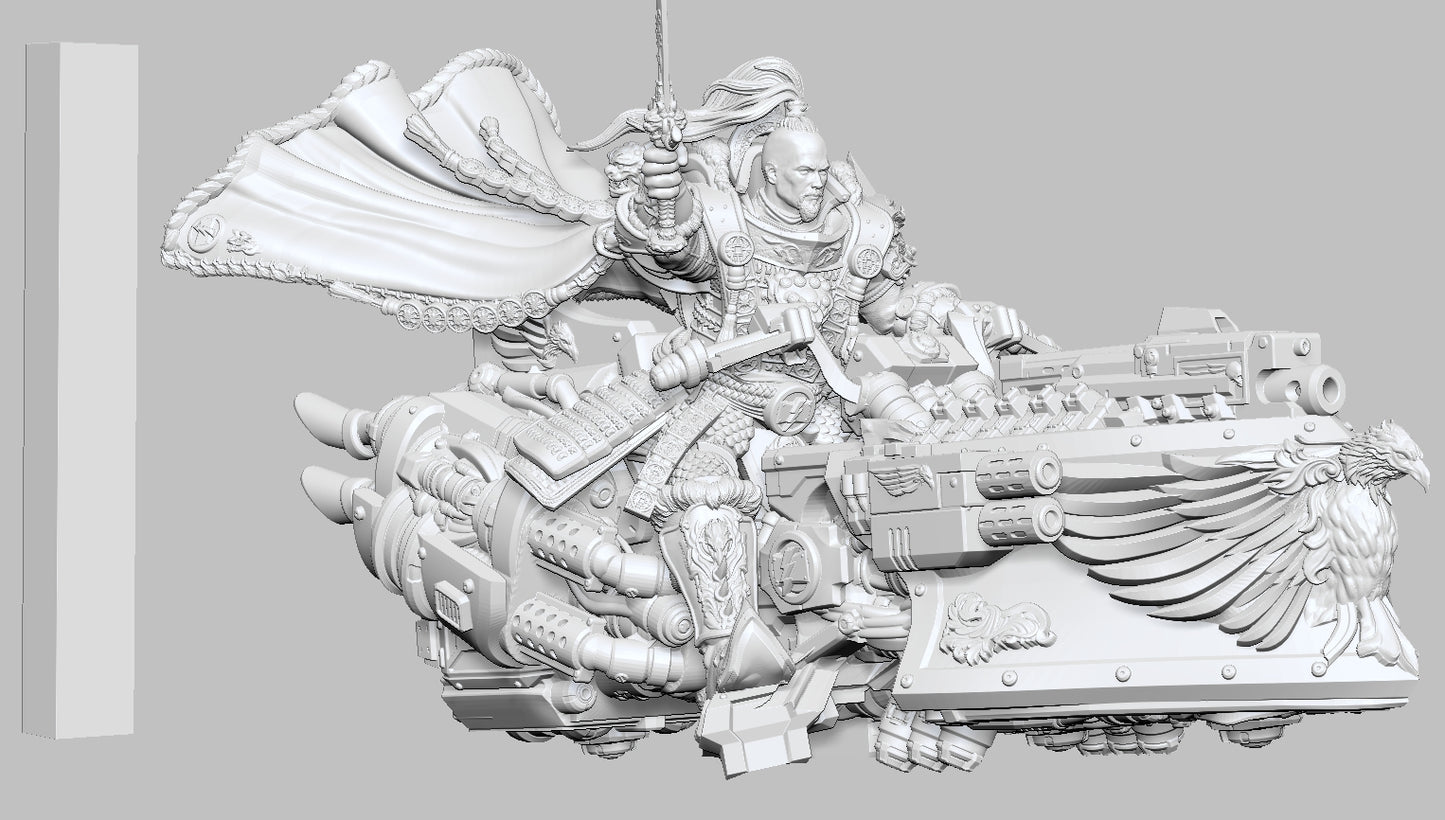 Detailed depiction of Jaghatai Khan, Primarch of the White Scars from Warhammer 40K, wearing ornate power armor with Mongolian-inspired motifs, wielding a curved blade, posed for dynamic attack