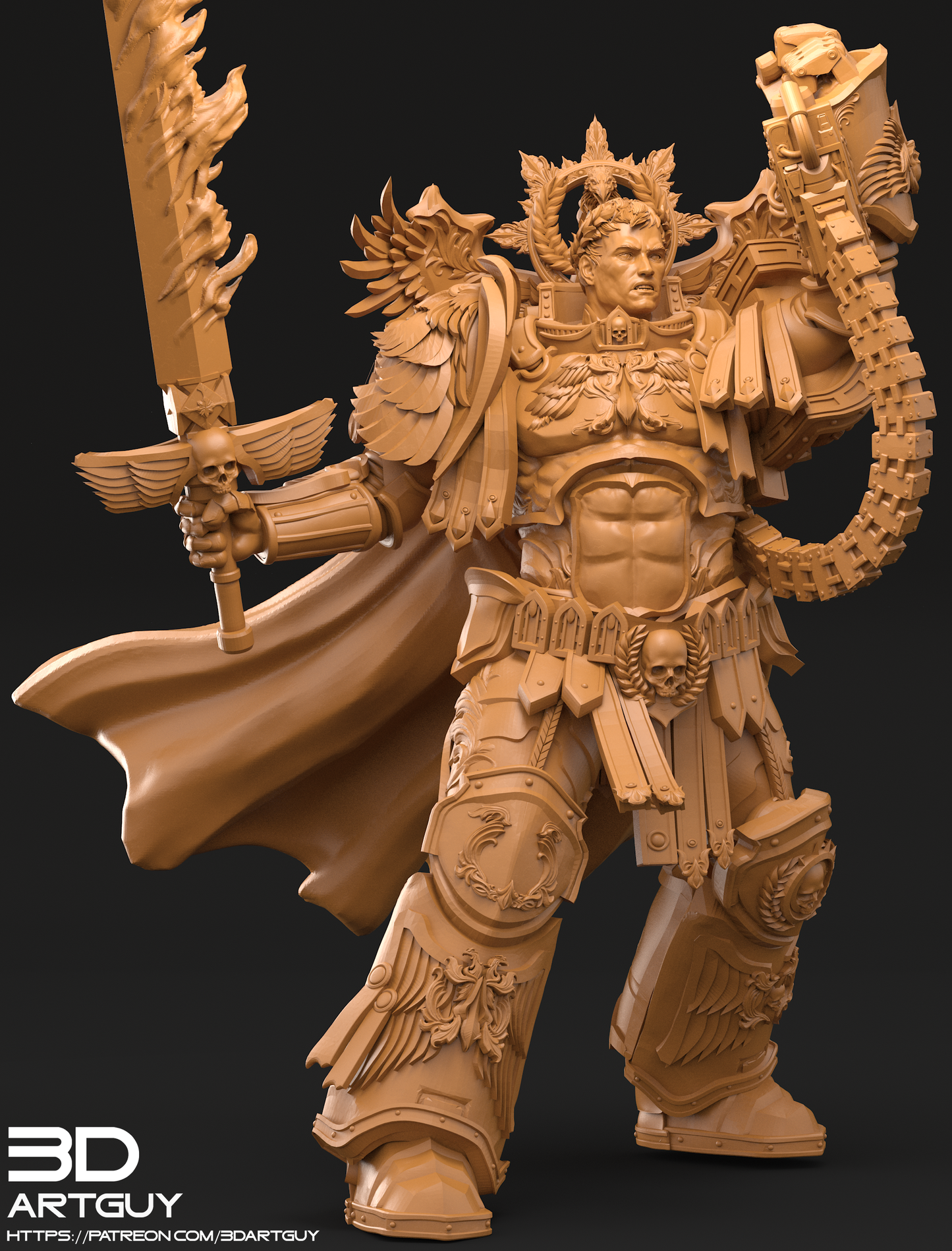 Roboute Guilliman proxy miniature for Warhammer 40K, featuring ornate power armor, flowing cloak, and raised sword in heroic pose.
