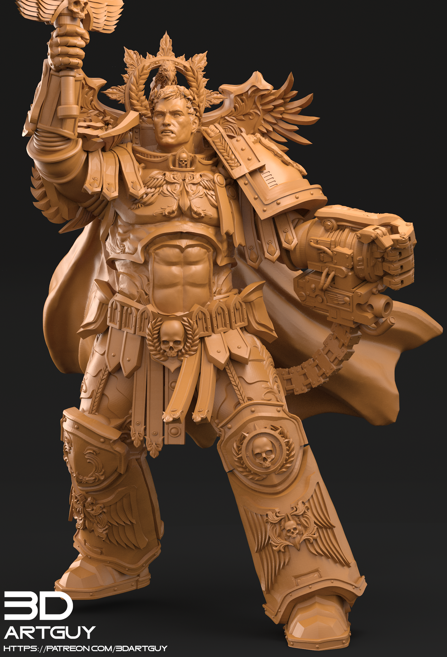 Roboute Guilliman proxy miniature for Warhammer 40K, featuring ornate power armor, flowing cloak, and raised sword in heroic pose.