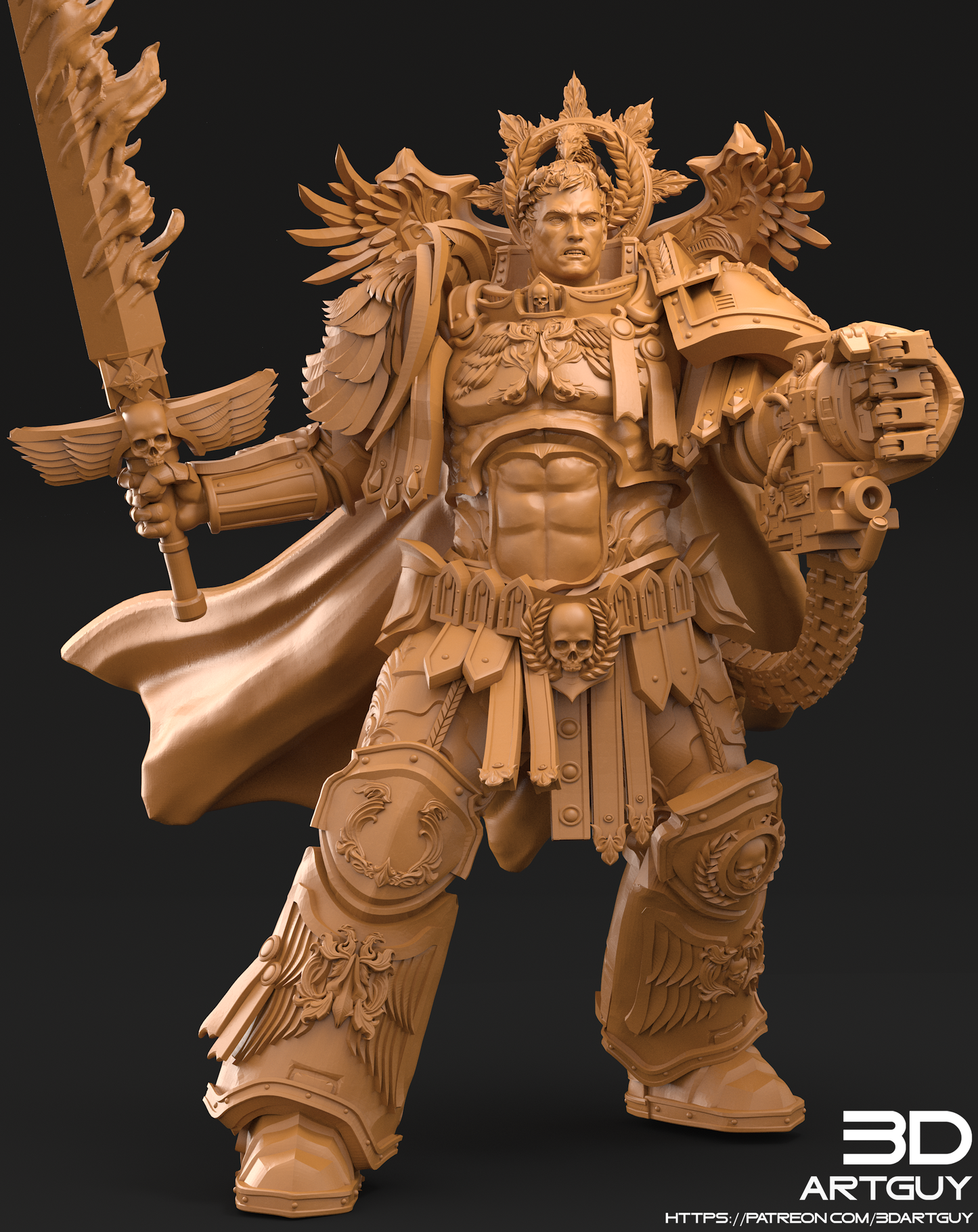 Roboute Guilliman proxy miniature for Warhammer 40K, featuring ornate power armor, flowing cloak, and raised sword in heroic pose.