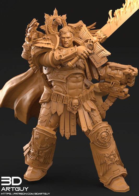 Roboute Guilliman proxy miniature for Warhammer 40K, featuring ornate power armor, flowing cloak, and raised sword in heroic pose.