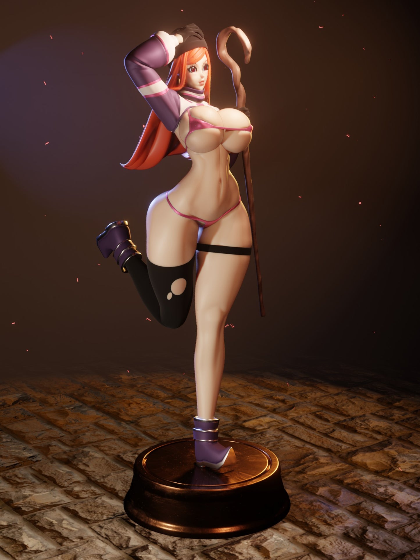 Bikini-clad sorceress miniature for D&D and tabletop RPGs, detailed female wizard proxy in fantasy armor with flowing hair and magical staff.