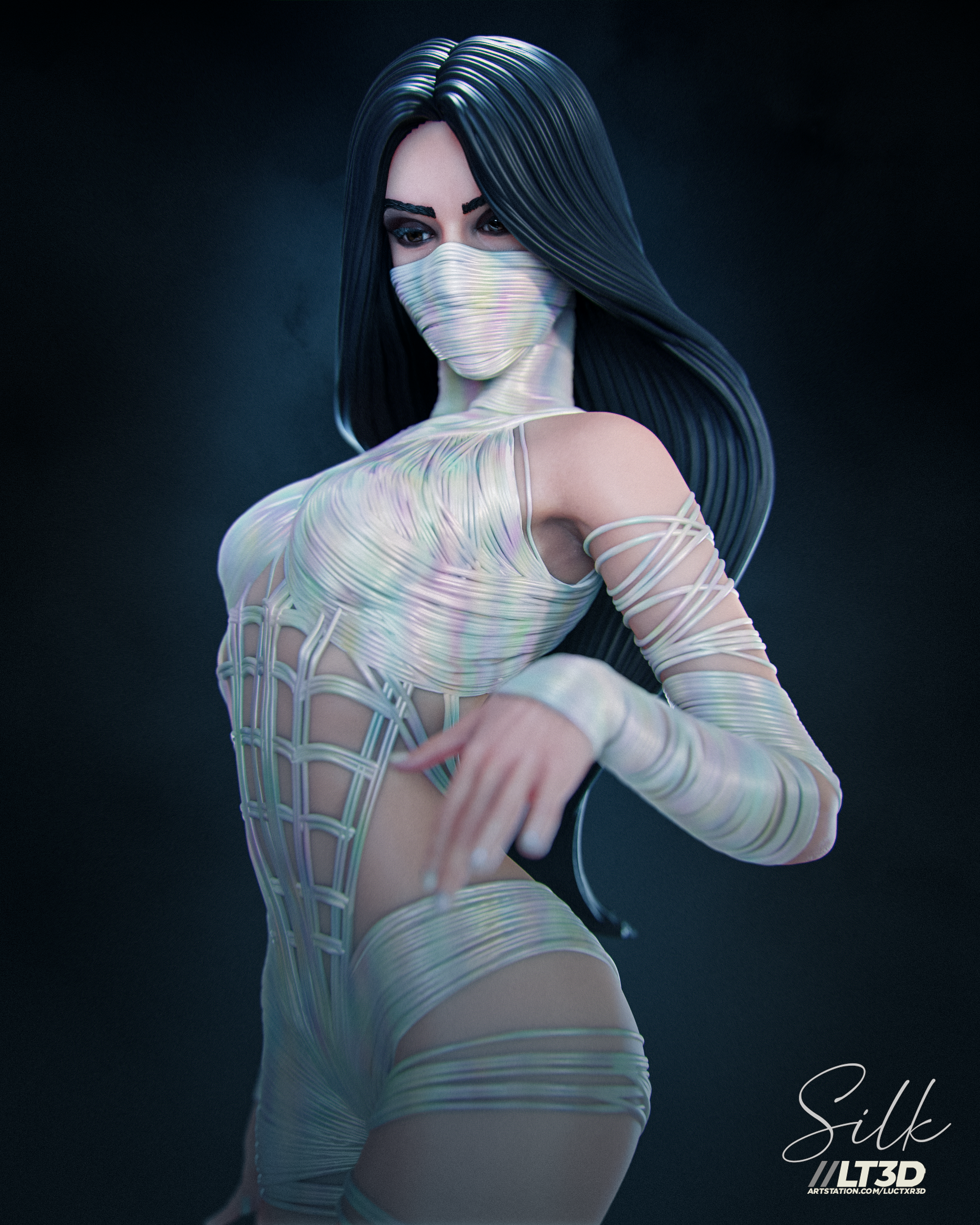 Silk from Spider-Verse, Korean-American superheroine in web-patterned suit ready to swing into action.