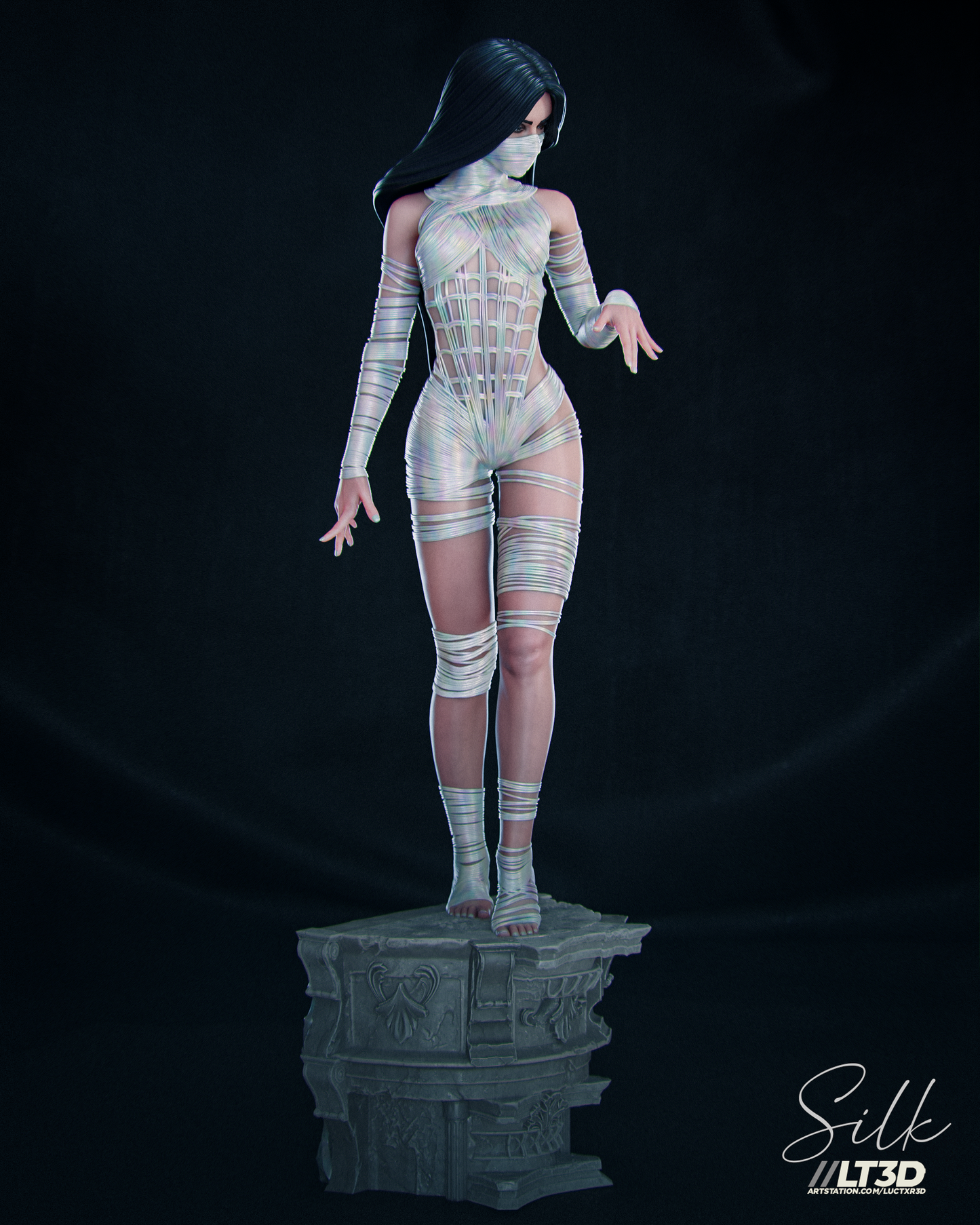 Silk from Spider-Verse, Korean-American superheroine in web-patterned suit ready to swing into action.