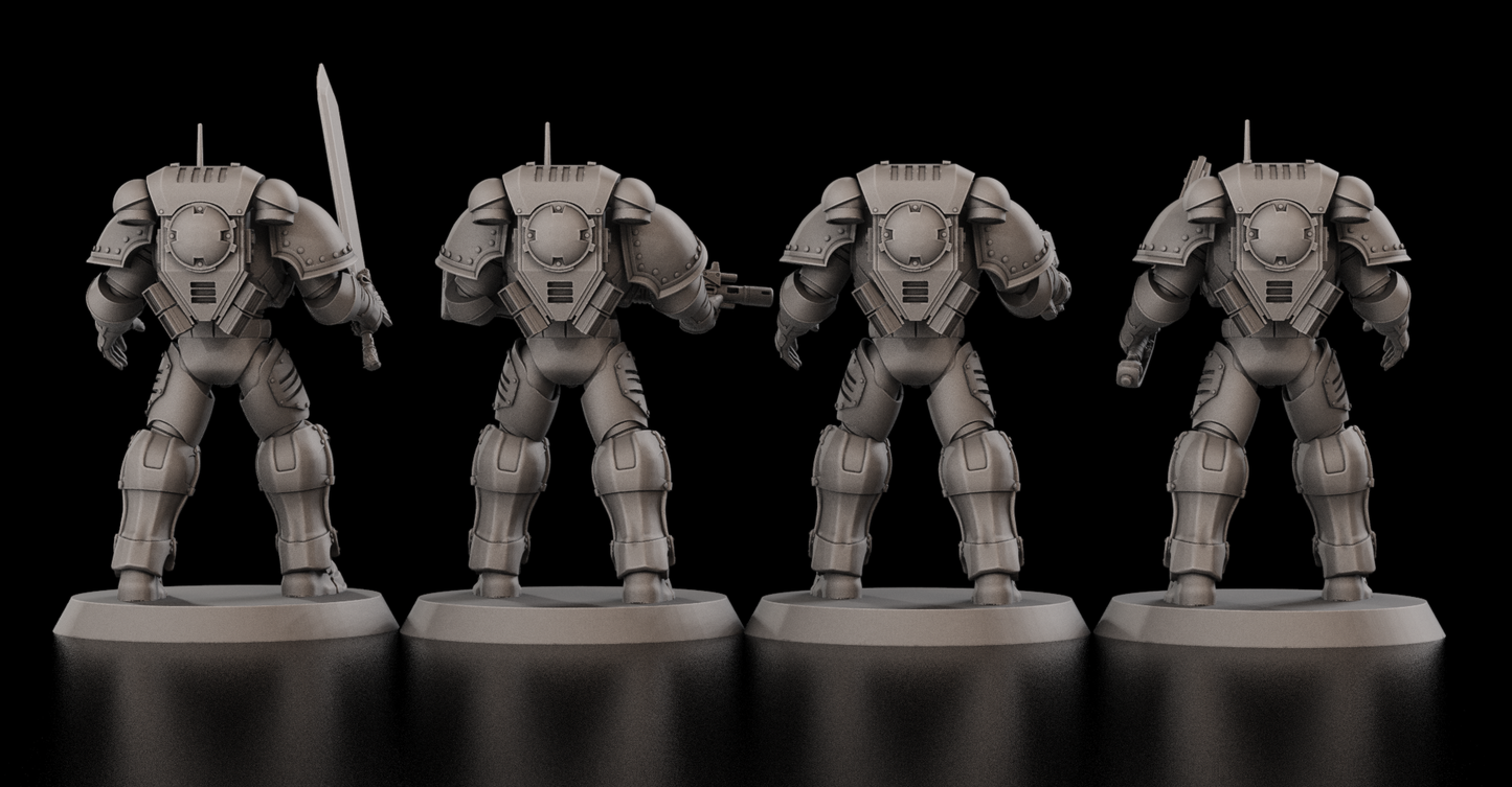 Primaris Space Marine proxy models with modular body parts and weapons at 32mm scale