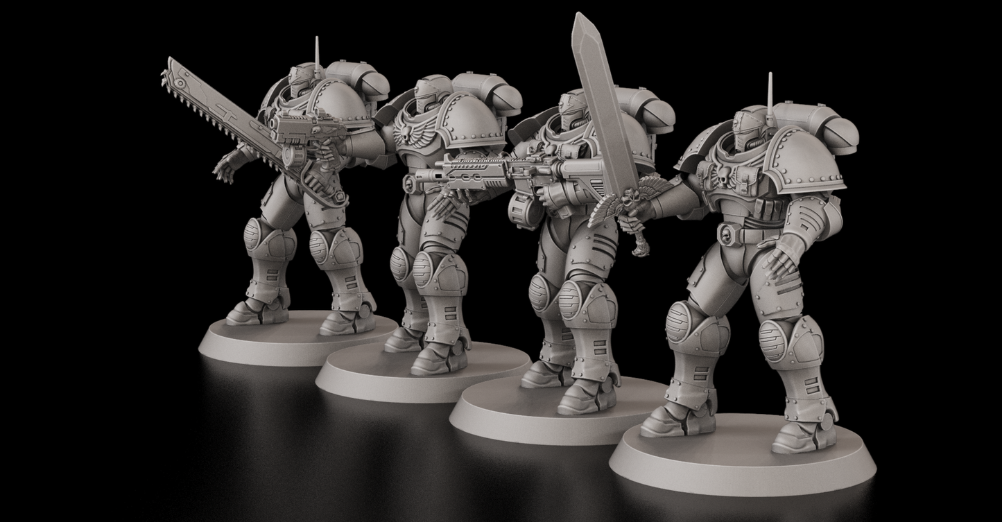 Primaris Space Marine proxy models with modular body parts and weapons at 32mm scale