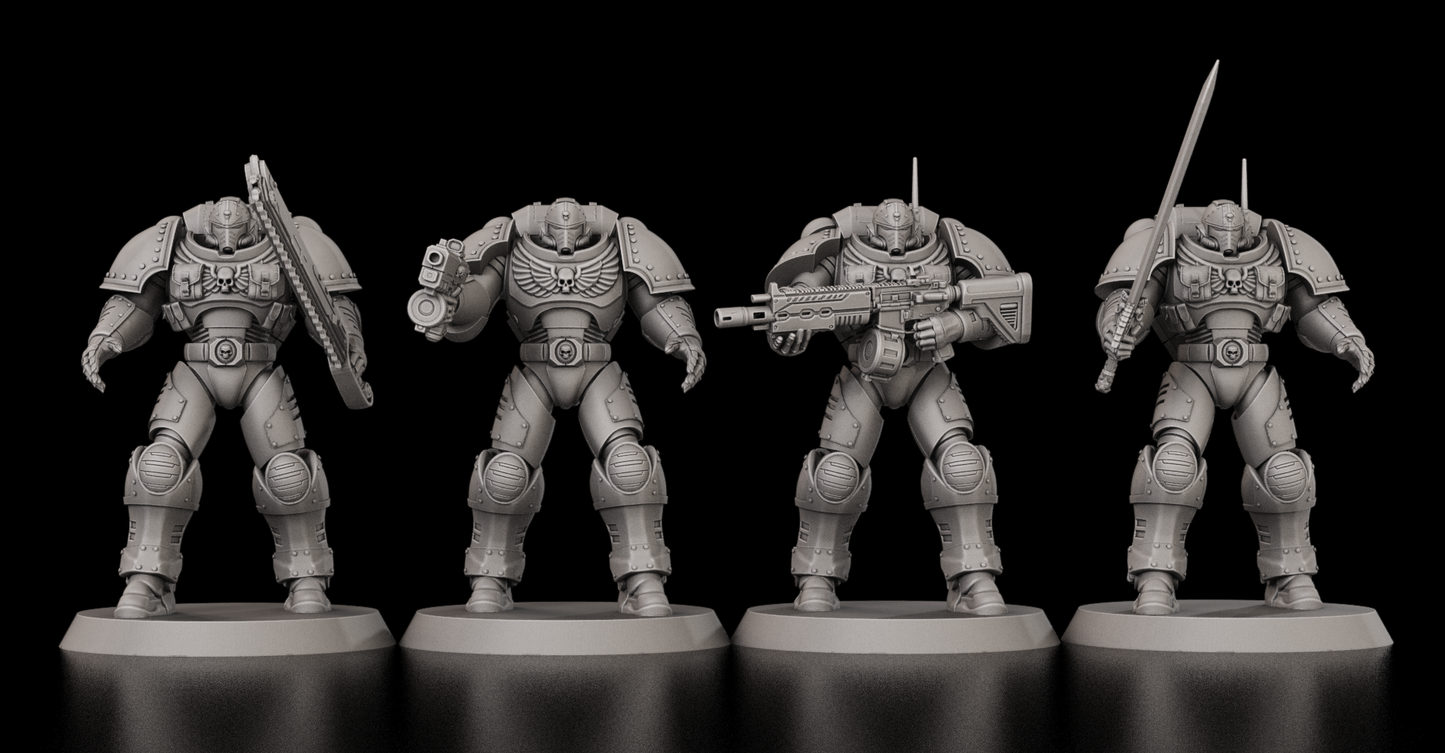 Primaris Space Marine proxy models with modular body parts and weapons at 32mm scale