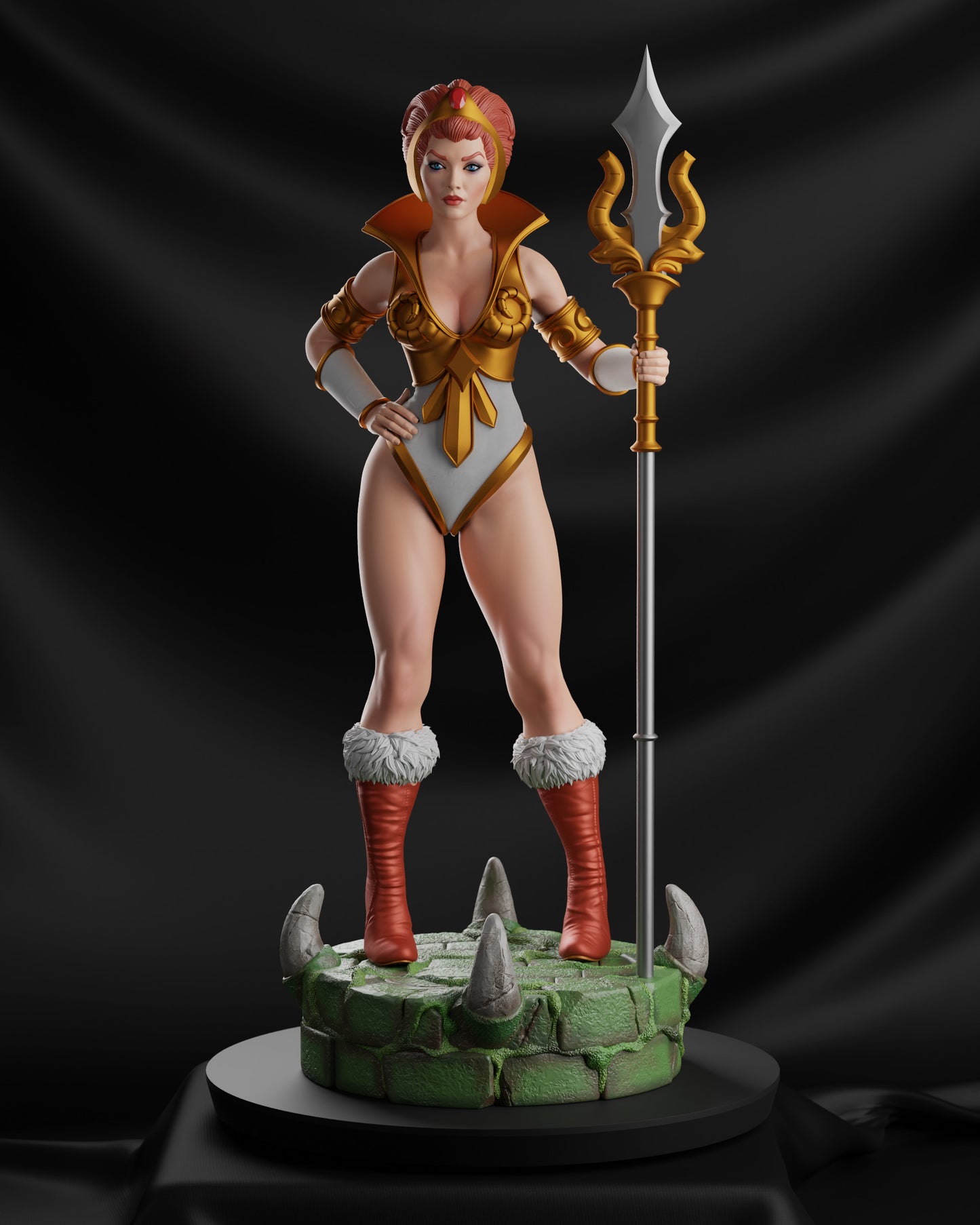 Teela from He-Man and the Masters of the Universe in her original 1980s appearance, wearing her white and gold warrior outfit with red hair and golden tiara