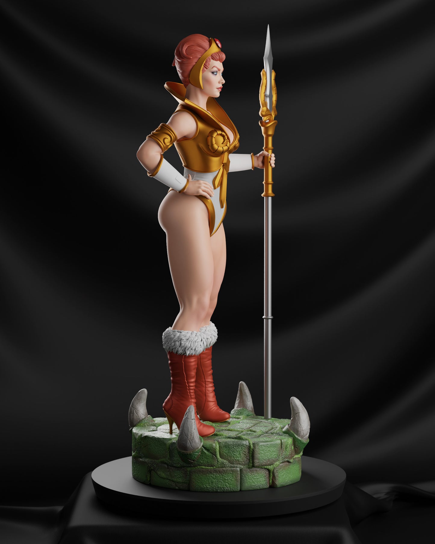 Teela from He-Man and the Masters of the Universe in her original 1980s appearance, wearing her white and gold warrior outfit with red hair and golden tiara