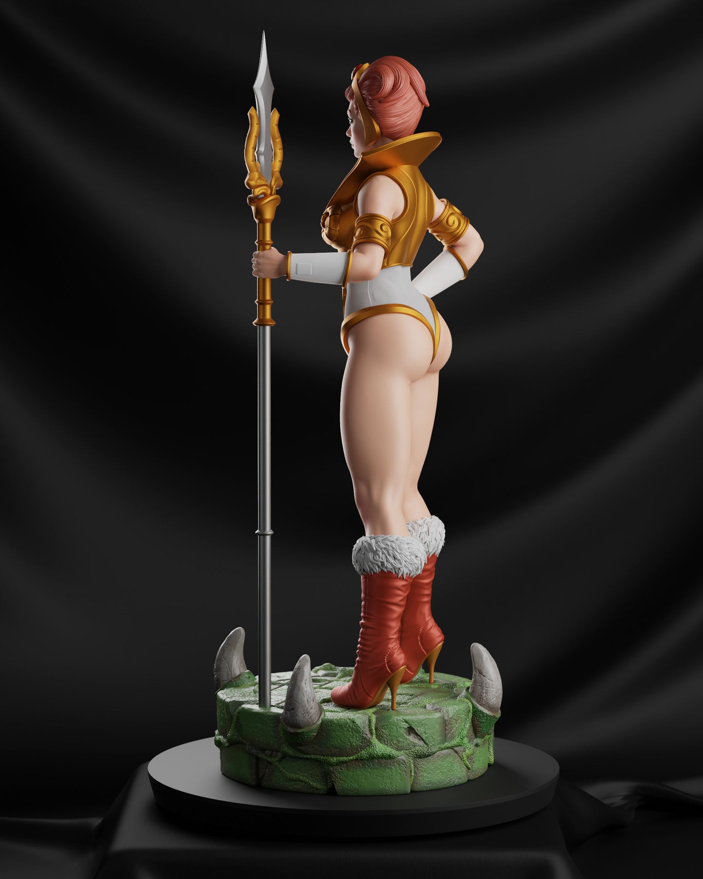 Teela from He-Man and the Masters of the Universe in her original 1980s appearance, wearing her white and gold warrior outfit with red hair and golden tiara