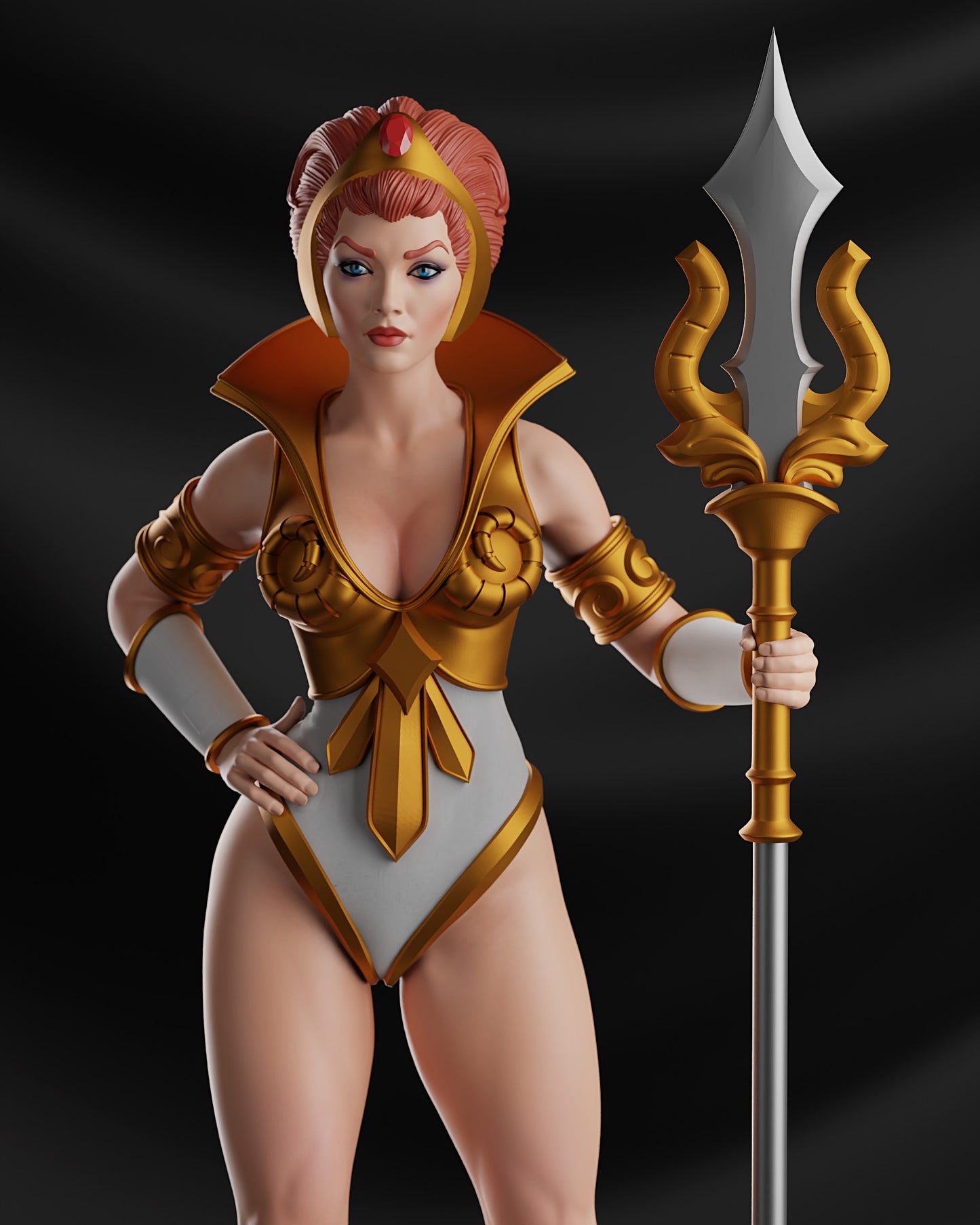 Teela from He-Man and the Masters of the Universe in her original 1980s appearance, wearing her white and gold warrior outfit with red hair and golden tiara