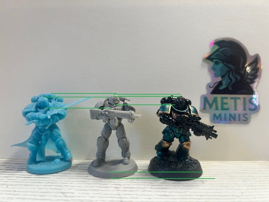 Primaris Space Marine proxy models with modular body parts and weapons at 32mm scale
