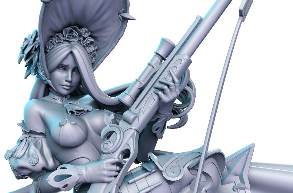 Fantasy gunslinger girl with elaborate rose-gold rifle, wearing a red and white cloak, ornate armor, and thigh-high boots, posed with flowing pink hair.