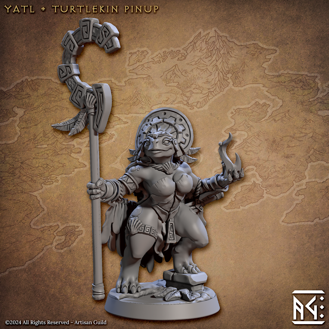 Tortle Yatl Turtlekin Pin-Up | Jadeshell Turtlekin | Fantasy D&D Miniature | Artisan Guild