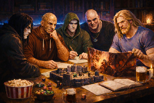 primarchs Konrad Curze, Lorgar, Alpharius, Horus and Lion El Johnson playing a tabletop game
