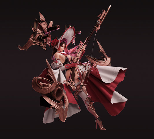 Fantasy gunslinger girl with elaborate rose-gold rifle, wearing a red and white cloak, ornate armor, and thigh-high boots, posed with flowing pink hair.
