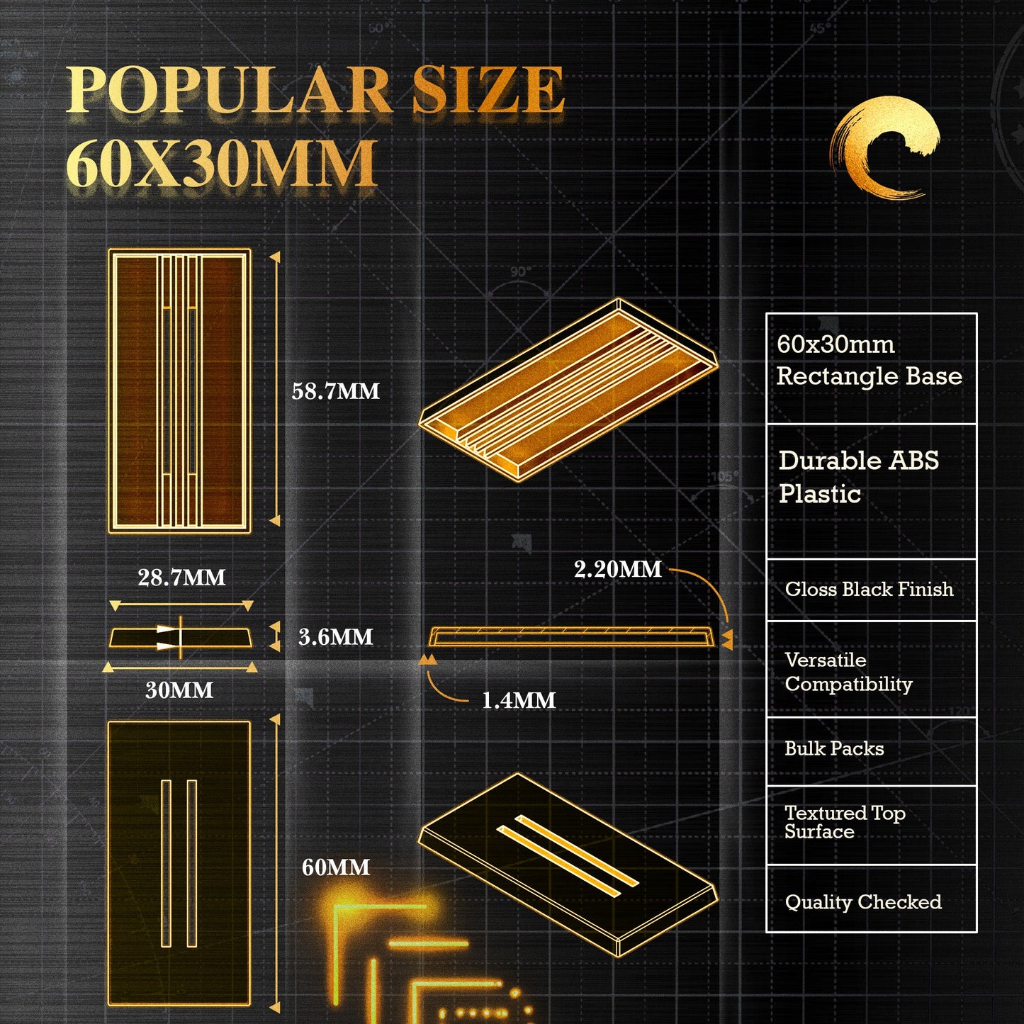 60x30mm Rectangle Slotted Plastic Bases